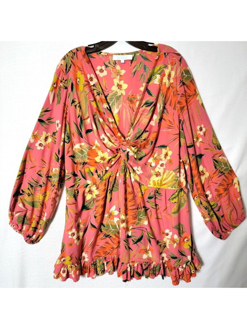 Bunulu Babydoll Tunic Top Women Sz 2X Puff Sleeves Twist Front Bohemian Spring